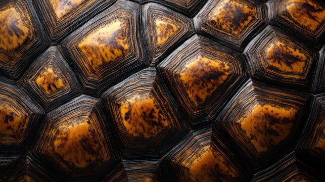 Turtle shell texture with copy space. Close-up turtle pattern. Reptile shell design. Turtle scales. Realistic turtle shell. Turtle design texture. Detailed turtle shell close-up. Wild Animal texture.