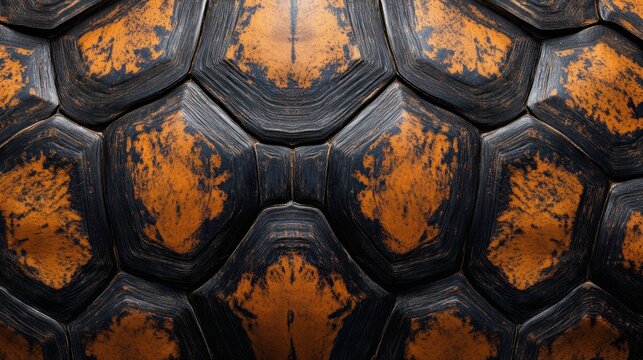 Turtle shell texture with copy space. Close-up turtle pattern. Reptile shell design. Turtle scales. Realistic turtle shell. Turtle design texture. Detailed turtle shell close-up. Wild Animal texture.