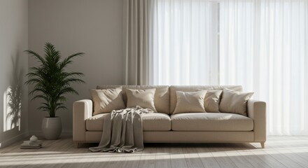 Fototapeta premium Minimalist living room with a beige sofa, soft throw blanket, and indoor plants.
