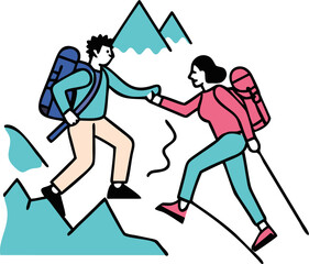 Adventure Couple Climbing a Mountain for Outdoor Exploration, Hiking, Travel, Adventure Sports, Nature Scenes, and Modern Outdoor Illustrations