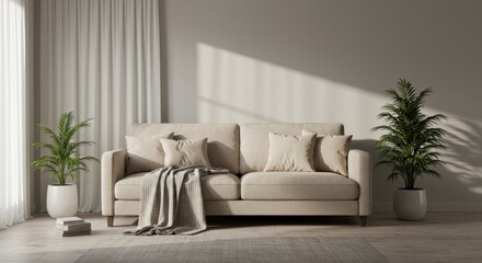 Naklejka premium Minimalist living room with a beige sofa, soft throw blanket, and indoor plants.