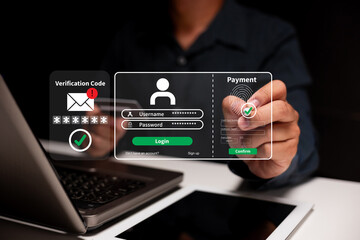 A person interacts with a digital login and payment interface using biometric fingerprint scanning on a transparent screen.