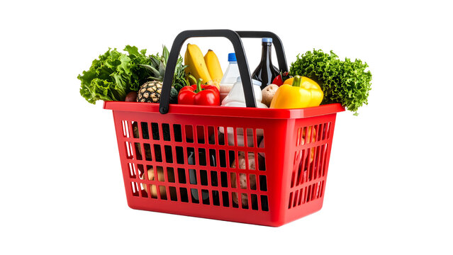 Plastic red shopping basket full of assorted grocery products isolated on white or transparent background