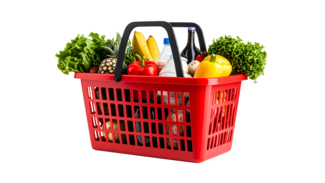 Plastic red shopping basket full of assorted grocery products isolated on white or transparent background