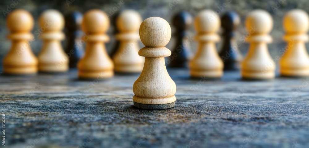 Poster single wooden chess pawn surrounded by soft focus chess pieces on rustic background for strategy and
