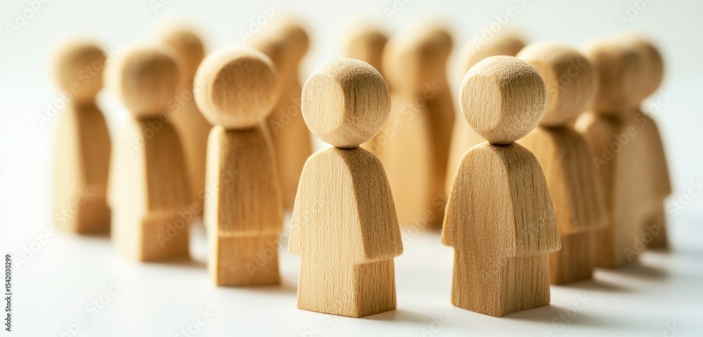 Poster wooden figurines representing diverse individuals in a group setting for conceptualizing community a