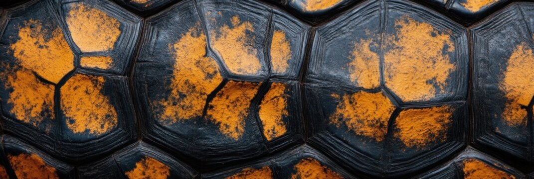 Turtle shell texture with copy space. Close-up turtle pattern. Reptile shell design. Turtle scales. Realistic turtle shell. Turtle design texture. Detailed turtle shell close-up. Wild Animal texture.