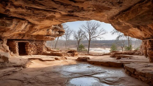Ancient Rock Shelter Overlooking Riverbed Landscape