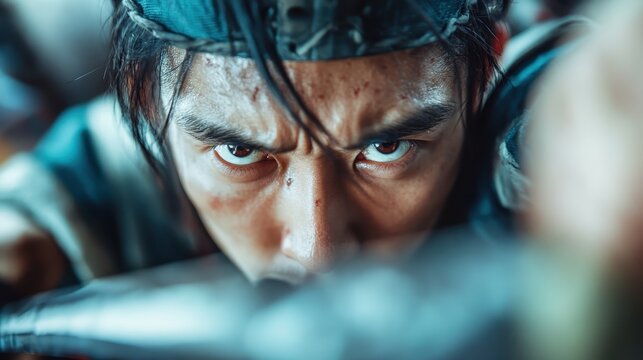 A close-up shot captures the intense focus and determination in the eyes of a warrior, symbolizing strength and resilience amidst the challenges of combat and life.