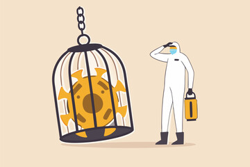 Coronavirus COVID-19 lockdown or quarantine, restricted access to country combat with COVID-19 virus outbreak concept, medical worker full protective gear with key after locked virus pathogen in cage