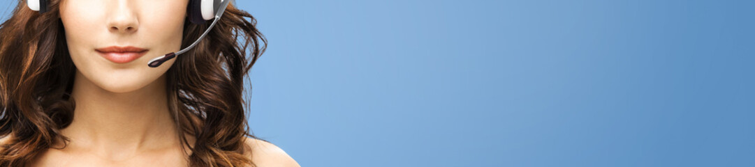 Closeup image. Representative call center. Businesswoman woman support phone operator in headset isolate blue background. Callcenter customer service. Sale agent. Banner image with free text space