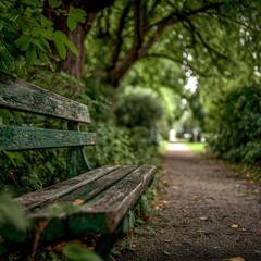 Naklejka premium Old wooden bench in serene park setting for relaxation and contemplation scene