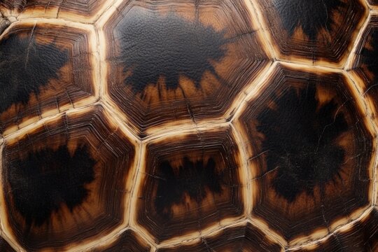Turtle shell texture with copy space. Close-up turtle pattern. Reptile shell design. Turtle scales. Realistic turtle shell. Turtle design texture. Detailed turtle shell close-up. Wild Animal texture.