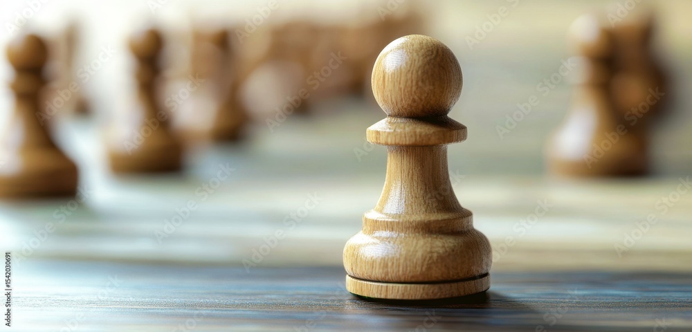 Poster close-up of a single wooden chess pawn on a chessboard surrounded by other chess pieces in a game en