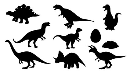 Vector illustration of dinosaur silhouette including Stegosaurus, Brontosaurus, Velociraptor, Triceratops, Tyrannosaurus rex