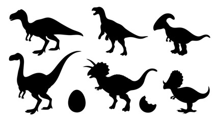 Vector illustration of dinosaur silhouette including Stegosaurus, Brontosaurus, Velociraptor, Triceratops, Tyrannosaurus rex