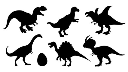 Vector illustration of dinosaur silhouette including Stegosaurus, Brontosaurus, Velociraptor, Triceratops, Tyrannosaurus rex