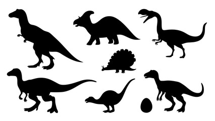 Vector illustration of dinosaur silhouette including Stegosaurus, Brontosaurus, Velociraptor, Triceratops, Tyrannosaurus rex