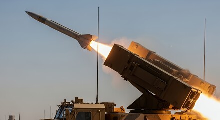 Missile Launching From Military Vehicle Against Blue Sky Power and Defense