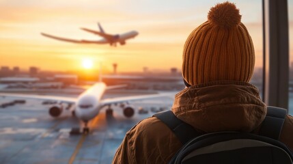 A traveler in warm attire watches planes take off against a stunning sunset backdrop, capturing the essence of anticipation and adventure in travel.