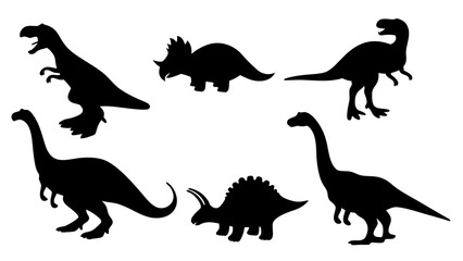 Vector illustration of dinosaur silhouette including Stegosaurus, Brontosaurus, Velociraptor, Triceratops, Tyrannosaurus rex