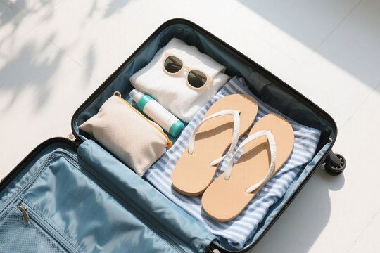 Flat lay of suitcase with summer travel essentials