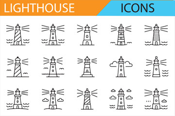 Set of Nautical Lighthouses, Boats, and Sea Icons for Travel and Navigation