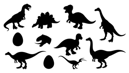 Vector illustration of dinosaur silhouette including Stegosaurus, Brontosaurus, Velociraptor, Triceratops, Tyrannosaurus rex © Creative vector