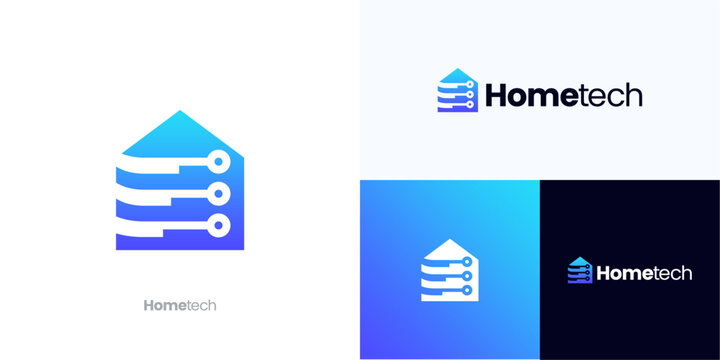 Home with circuit point tech or digital connectivity, logo icon design vector illustration, Symbol house integrated with dot technology for automation, smart security, devices, identity business - Powered by Adobe