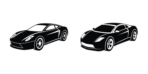 Minimal Flat Silhouette of a Compact Sports Car Leaping in Three-Quarter Perspective on White Background