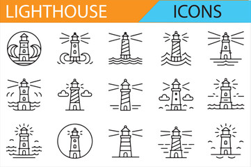 Collection of Lighthouse and Marine Icons for Navigation and Coastal Themes
