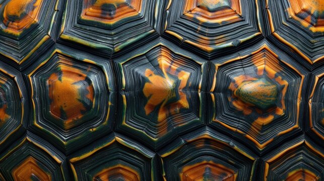 Turtle shell texture with copy space. Close-up turtle pattern. Reptile shell design. Turtle scales. Realistic turtle shell. Turtle design texture. Detailed turtle shell close-up. Wild Animal texture.