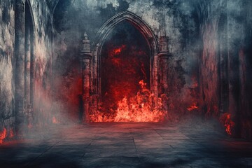 Ancient, gothic passageway ablaze with fiery, red portal