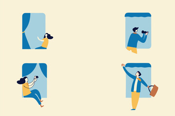 People stay home as social distancing to protect from COVID-19 coronavirus outbreak minimal concept, people at the windows with activities stay home apartment, social distancing policy with copy space