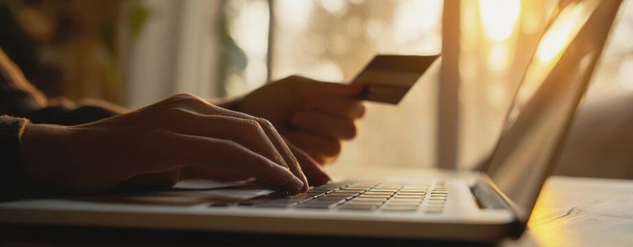 The hands using a credit card for online shopping on a laptop.