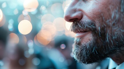 A close-up view of a man's face with a beard, capturing intricate details surrounded by festive bokeh lights, evoking a sense of celebration and joy.