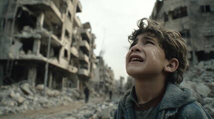 Traumatized Boy Amidst War - Torn Ruins: A Cry Against War