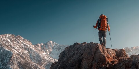 The explorer gazes at stunning mountain peaks from a rocky vantage point.