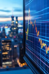 City Skyline with Financial Chart Displaying Market Trends at Sunset
