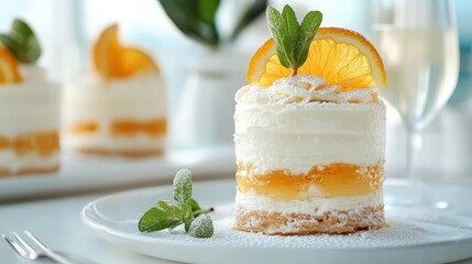 A visually appealing dessert showcases a layered cake adorned with fresh fruit and creamy frosting, presenting an enticing treat perfect for special occasions or indulgent moments.