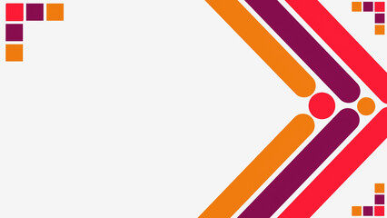 Abstract geometric background with diagonal rounded stripes and circles in orange, magenta, and red on white. Modern tech-style vector layout with corner pixel elements for wallpaper banner template.
