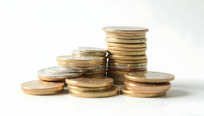 Stacks of Various Coins on White Background Representing Finance and Savings