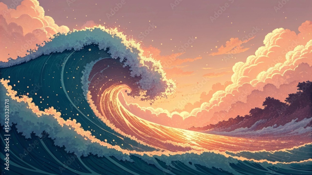 Poster glowing pixel waves with layered texture a vibrant sunset wave scene with swirling patterns and hues