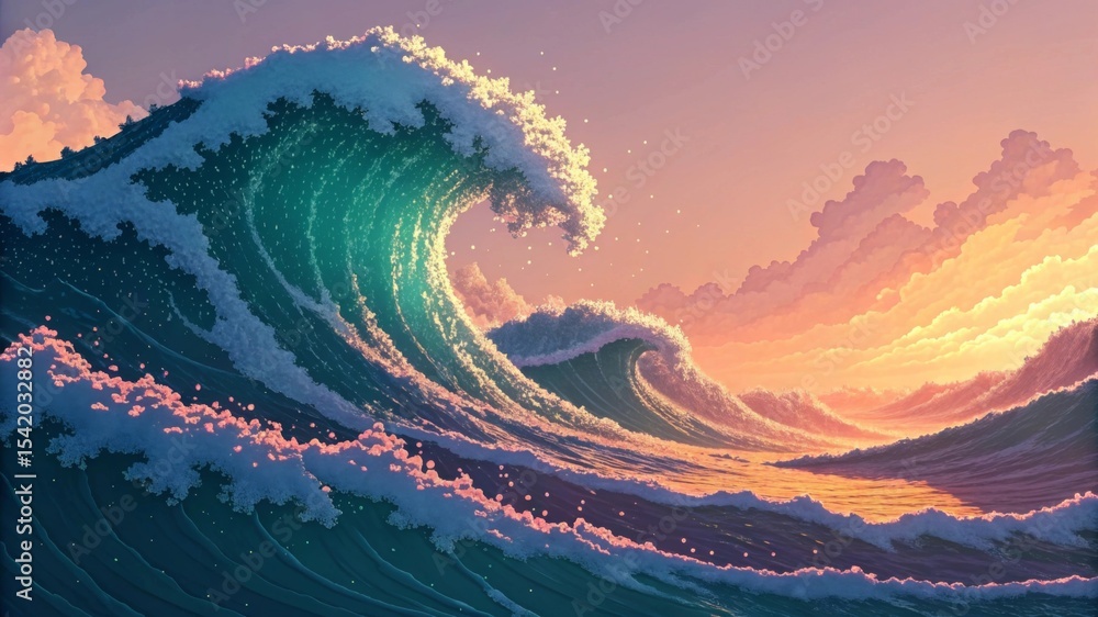 Aufkleber glowing pixel waves with layered texture vibrant waves against a colorful sunset sky create a dynami