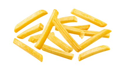 Falling french fries, potato fry isolated on white background, full depth of field