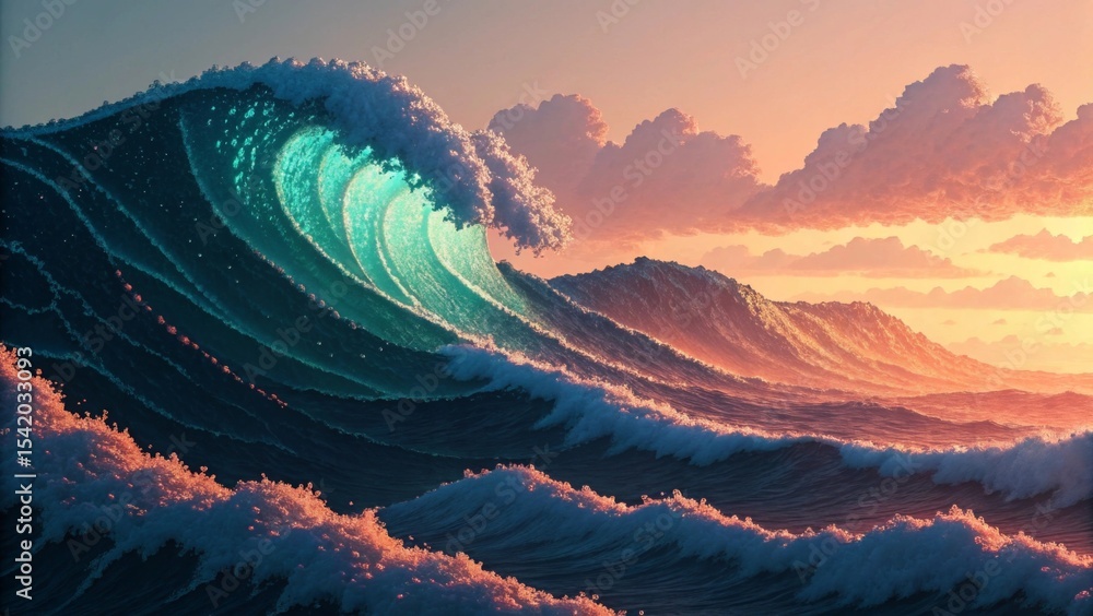 Aufkleber glowing pixel waves with layered texture vibrant ocean waves at sunset with colorful clouds in the b