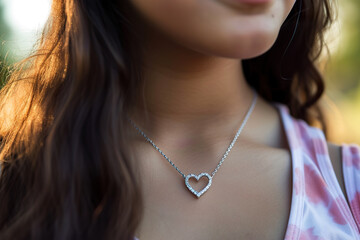 Young female with heart necklace in outdoor setting