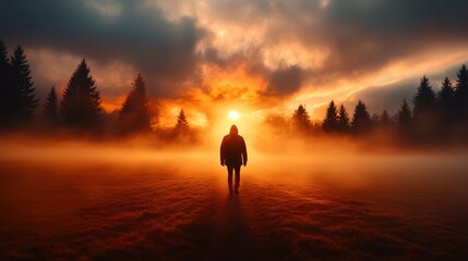 A captivating silhouette of a person walking towards a vibrant sunset, embodying themes of journey, exploration, and introspection amid a dramatic sky and natural beauty.