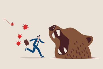 Bear market by COVID-19 Virus pandemic, stock market panic sell from novel corona virus, investor run away concept, panic businessman run away from COVID-19 virus pathogens but meet with bear claws.