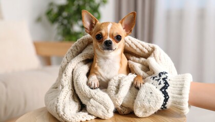 Tiny pup wrapped in textured knit, Chihuahua enjoys a quiet moment in a cozy home setting.
